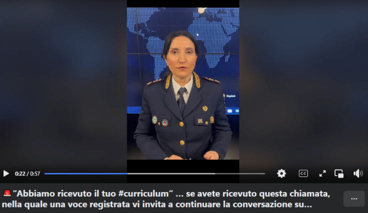 ritaglio fotografico del video sulla pagina facebook del Commissariato di Polizia di Stato in merito alla truffa della telefonata CV